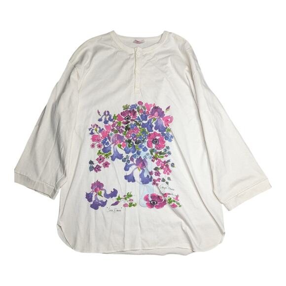Vtg 1990s Angie Strauss White Watercolor Floral Wide Sleeve Henley Top XXL - Picture 1 of 4